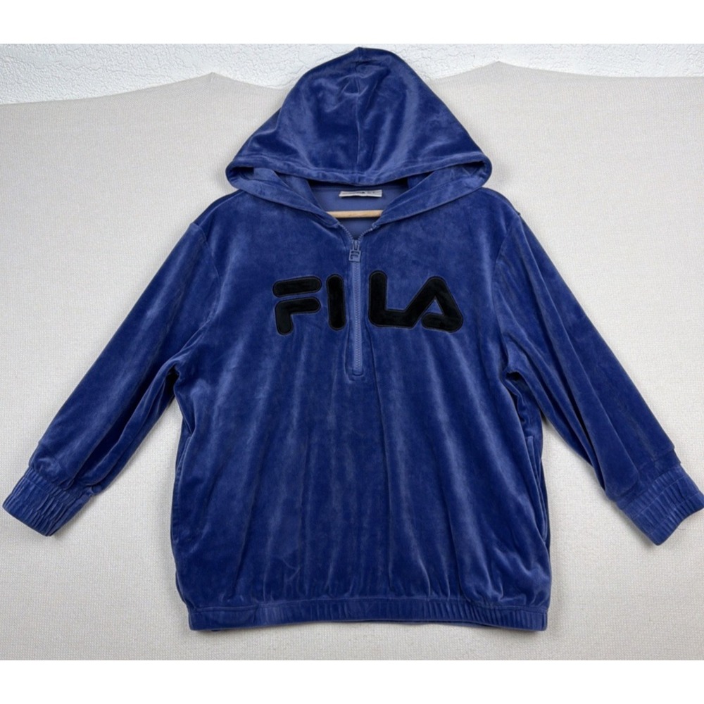 FILA Blue‎ Velour Velvet Half Zip Hooded Sweater Size M Pullover Athleisure Blue